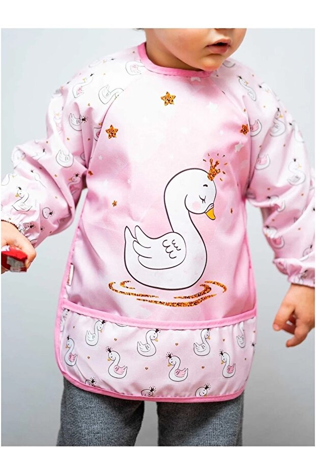 Patterned Liquid-Proof Baby Food Bib with Pockets and Sleeves