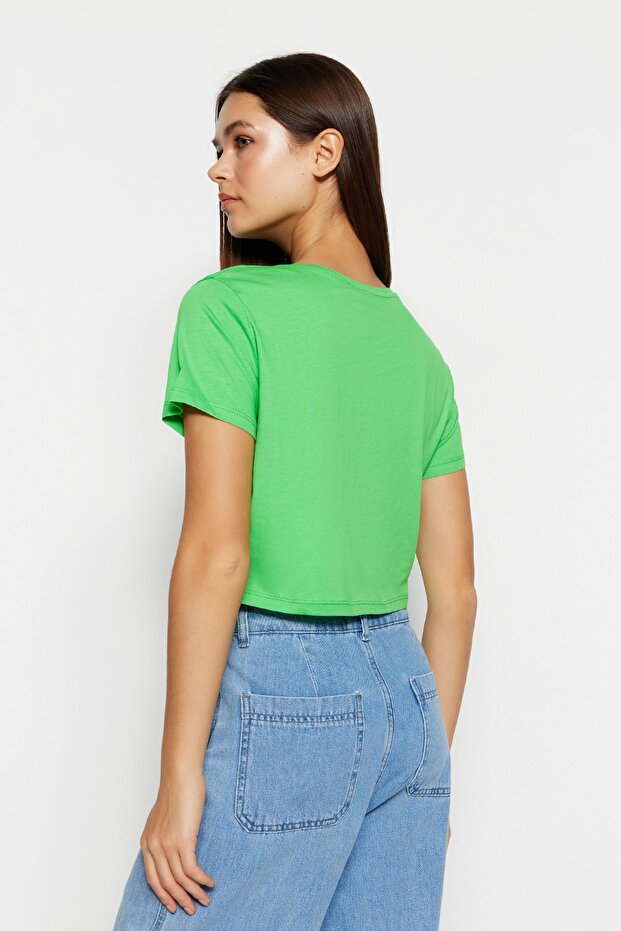Mavi-Yeşil 2'li Paket %100 Pamuk Crop Bisiklet Yaka Örme T-Shirt TWOSS20TS1480 - 4