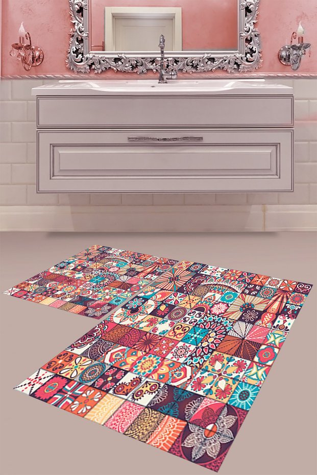 Red Ethnic Patterned Digital Printing Washable Non-Slip Base Modern Bath Mat