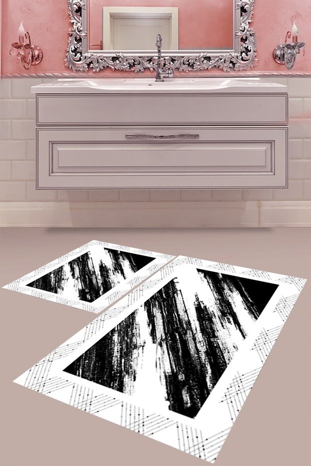 Black Line Patterned Digital Printing Washable Non-Slip Base Modern Bath Mat