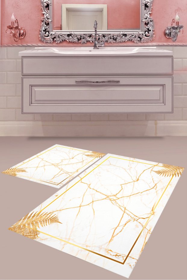 White Gold Veined Marble Patterned Digital Printing Washable Non-Slip Base Modern Bathroom Mat