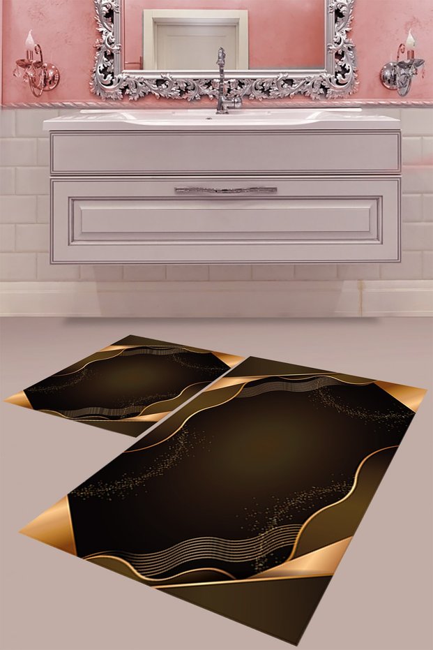 Black Gold Striped Digital Printing Washable Non-Slip Base Modern Bath Mat