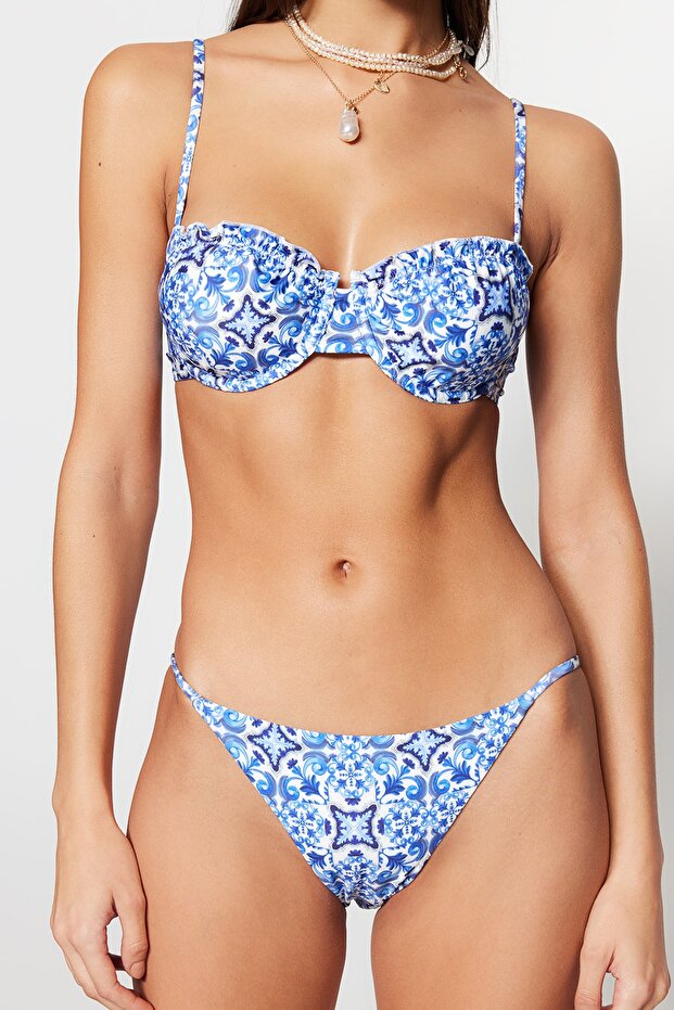 Çini Desenli Fırfırlı Balconette Kaplı Regular Düşük Bel Bikini Takımı TBESS23BT00007 - 3