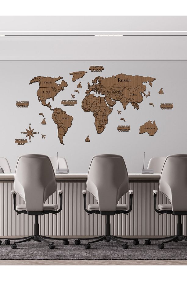 2 Boyutlu Ahşap Dünya Haritası Duvar Dekoru World Map - 7