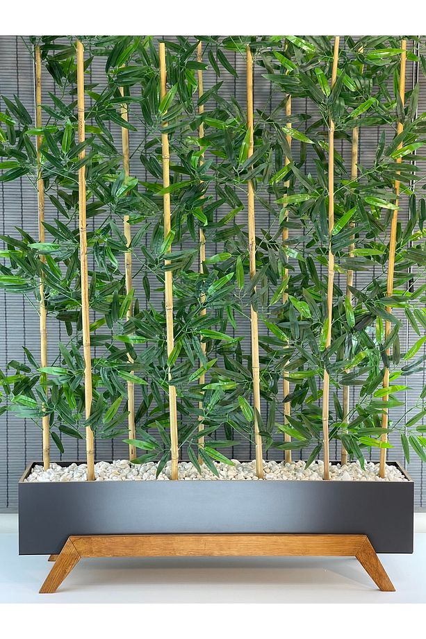 Ahşap 1mt Saksılı 10gövde 180cm Yapay Yapraklı Dekoratif Bambu Seperatör Modern Ayaklı Tasarım Saksı - 2