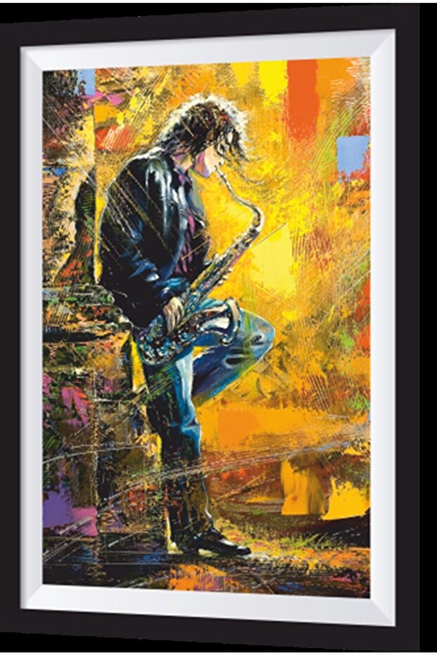 Young Artistic Frame Look Wooden Painting Playing Saxophone