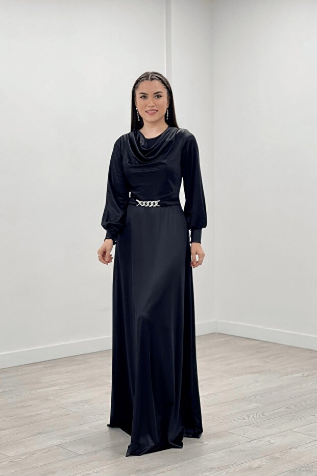 Satin Fabric Degaje Collar Evening Dress - Black