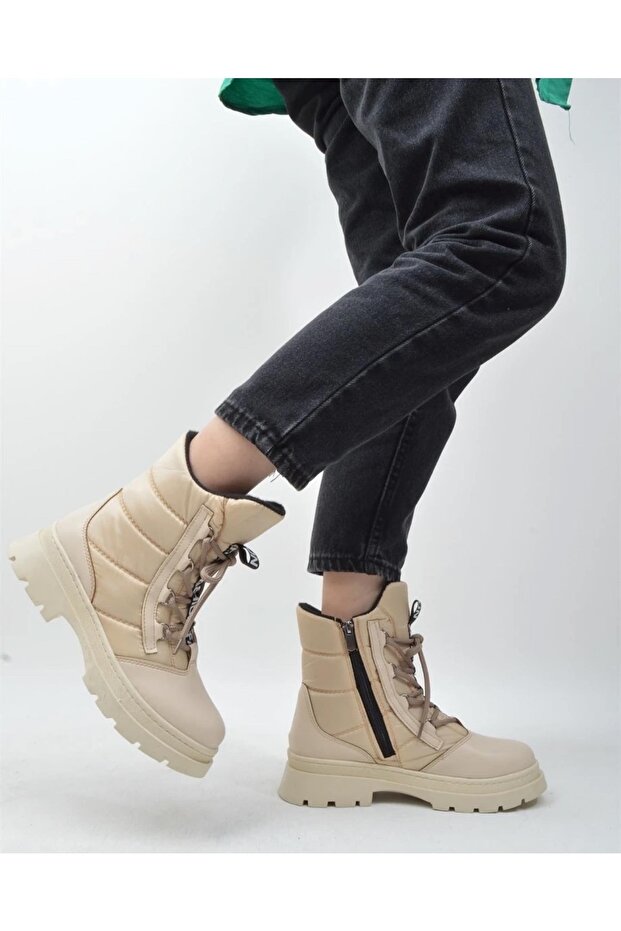 Ensa Kadın Nut Rengi Nude Bağcıklı Fermuarlı Paraşüt Kumaş Kar Botu - 5
