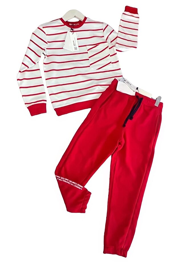 Unisex Children's Striped Sweatshirt and Tracksuit Double Set