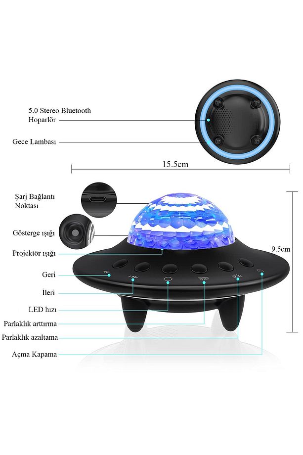 Starry Galaxy Projektör Hoparlör Bluetooth Ufo Gece Lambası - 7