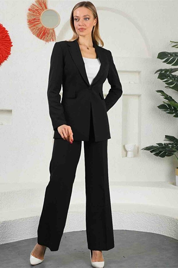 Black Women's Palazzo Blazer Suit Single Button Jacket Palazzo Pantalon