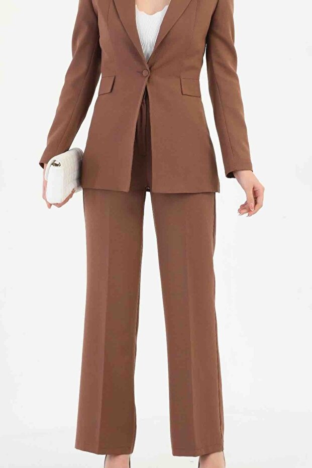 Brown Women's Palazzo Blazer Suit Single Button Jacket Palazzo Trousers