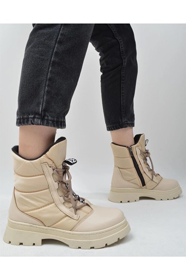 Ensa Kadın Nut Rengi Nude Bağcıklı Fermuarlı Paraşüt Kumaş Kar Botu - 2