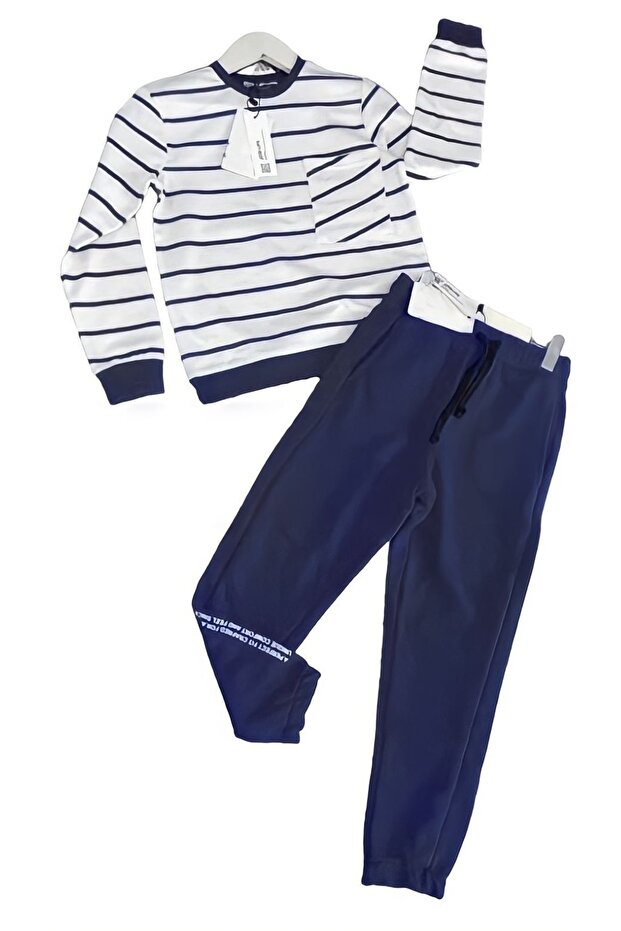 Unisex Children's Striped Sweatshirt and Tracksuit Double Set