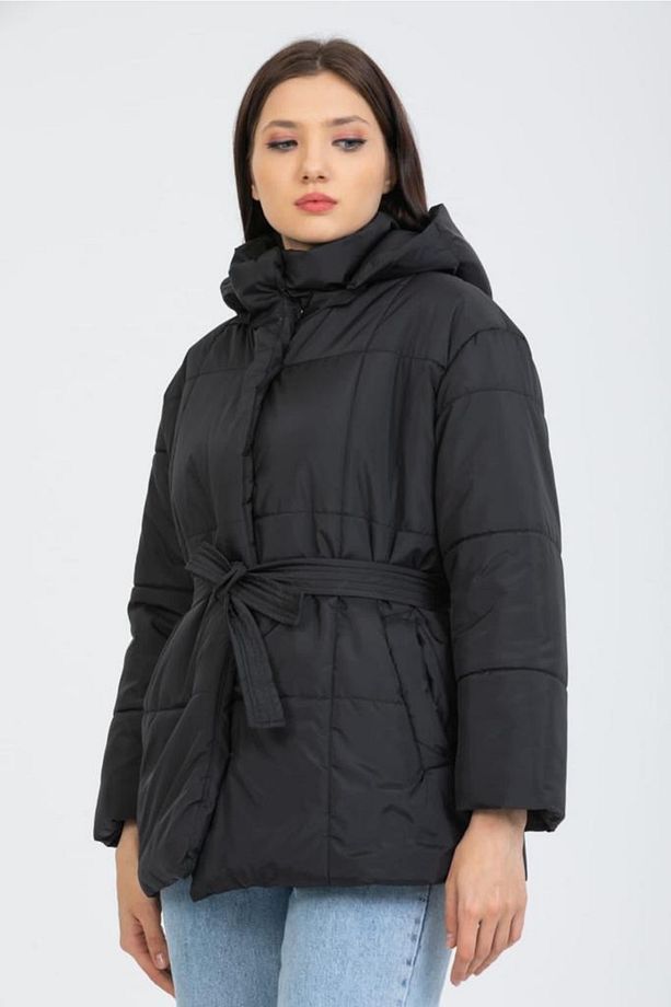 Kadın Siyah Oversize Çıkma Kapüşon Dolumlu Mont - 1