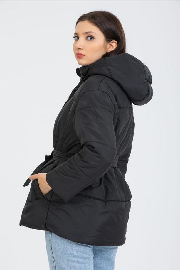Kadın Siyah Oversize Çıkma Kapüşon Dolumlu Mont - 7