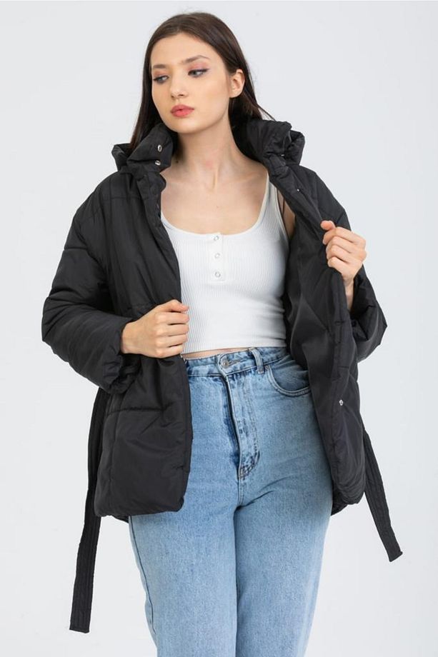 Kadın Siyah Oversize Çıkma Kapüşon Dolumlu Mont - 8