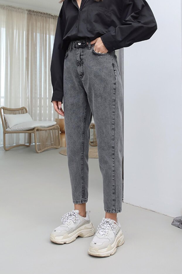 Women's Smoke Color 100% Denim Fabric Mom Fit High Waist Jeans