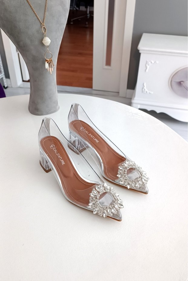 Completely Transparent Silver Sequined 5cm Heeled Stiletto Evening Dress Casual Women's Shoes with Stone Zr Accessories