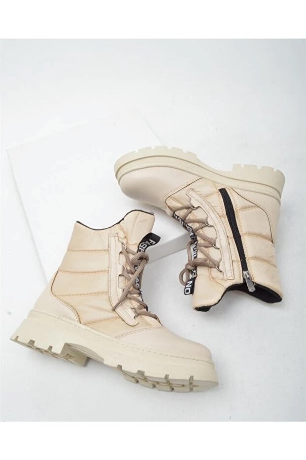 Ensa Kadın Nut Rengi Nude Bağcıklı Fermuarlı Paraşüt Kumaş Kar Botu - 4
