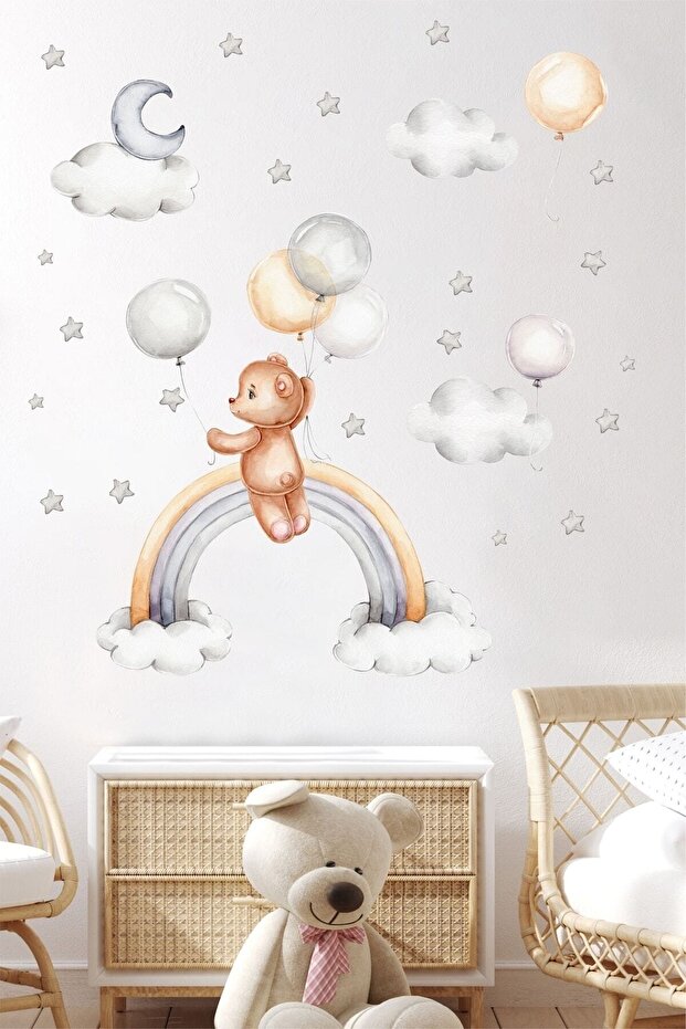 Cute Teddy Bear Balloons and Rainbow Kids Room Wall Sticker