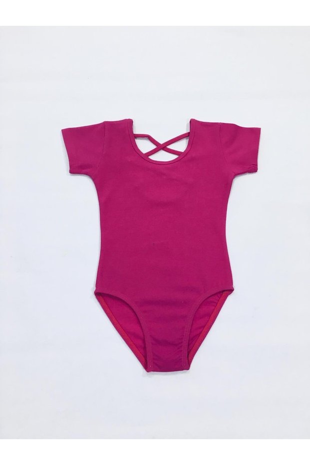 Fuchsia Short Sleeve Back Cross Piping Ballet Swimsuit
