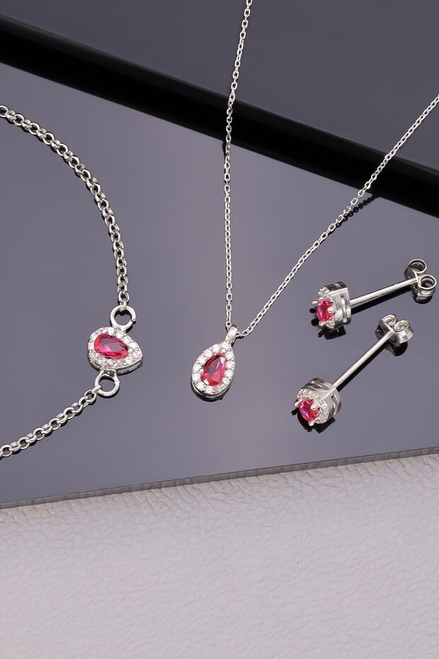 925 Ayar Gümüş Ruby Taşlı Damla Set - 1