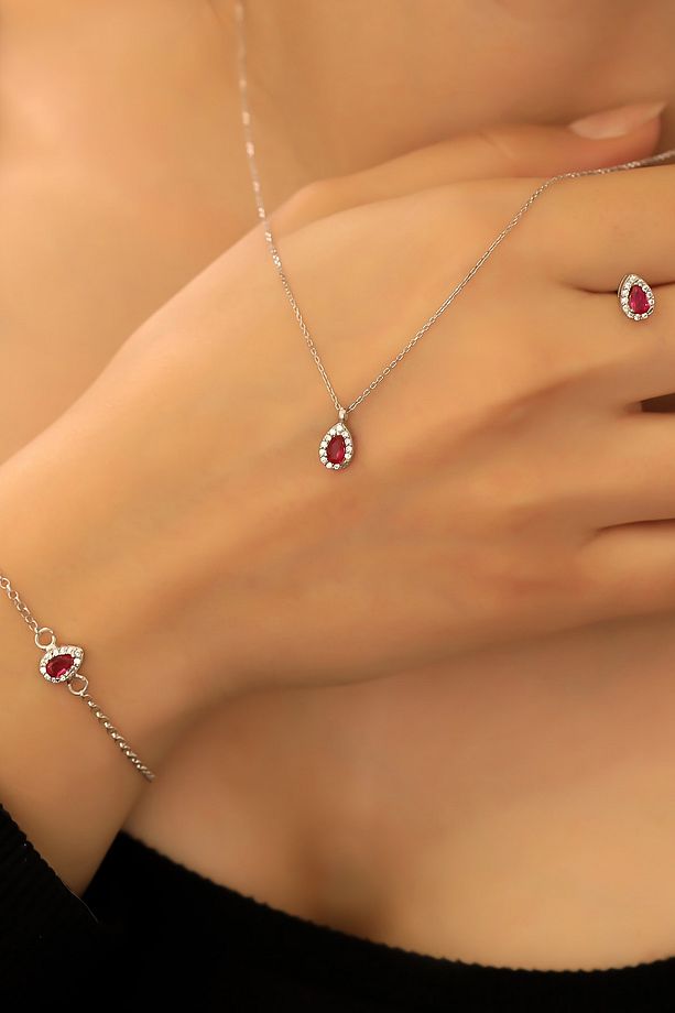 925 Ayar Gümüş Ruby Taşlı Damla Set - 3