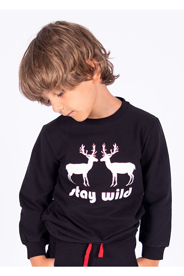 Reindeer Printed Raised Black Sweatshirt