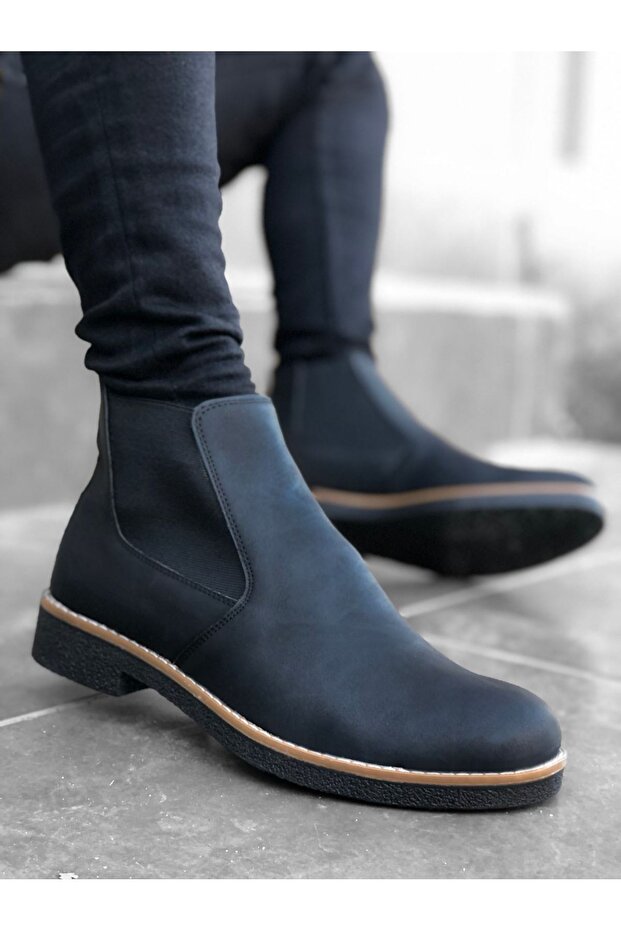 Men's Chelsea Laceless Elastic Leather Black Half Ankle Boots Ba0058
