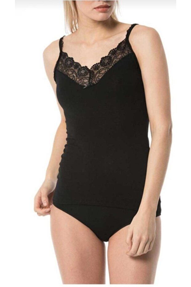1231 V-Neck Rope Strap Lace Women's Undershirt 2-Piece Black