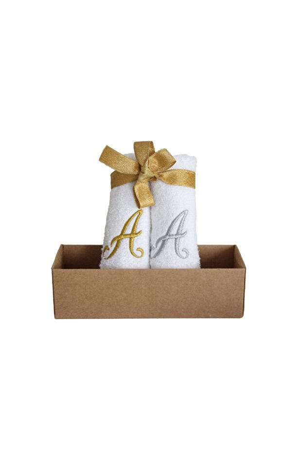 Letter Embroidered Makeup, Face Towel Set of 2 30x30 Cm A White