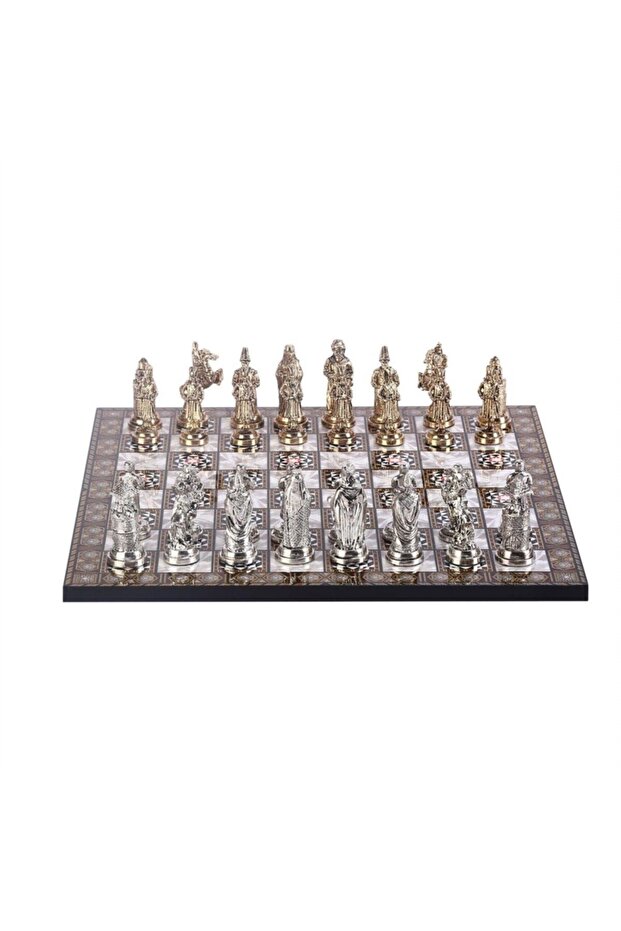 Büyük Boy Metal Osmanlı Bizans Satranç Takımı Parlak Ve Sedef Desenli Mdf Ahşap Satranç Tahtası (37x - 1