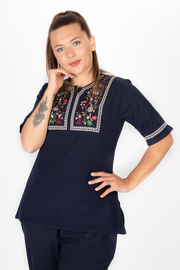 Women's Şile Cloth Short Sleeve Navy Blue Blouse