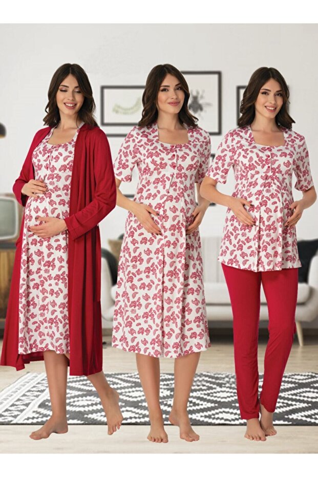 Women's Cherry Short Sleeve Patterned Maternity Maternity Dressing Gown Pajamas Set Nightgown Set of 4