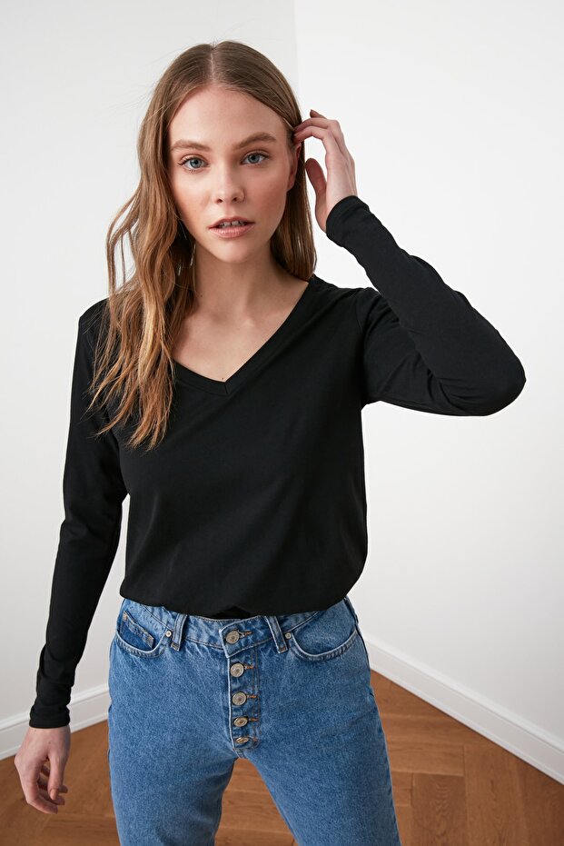 Černá 100% bavlna Regular/Normal Fit Základní pletené tričko s výstřihem do V s dlouhým rukávem TWOAW21TS0099 - 8