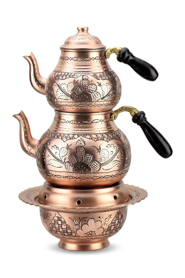 Bakır Çaydanlık Kalın Eskitme Ve Isıtıcı Ocak-jel Hediyeli - 1