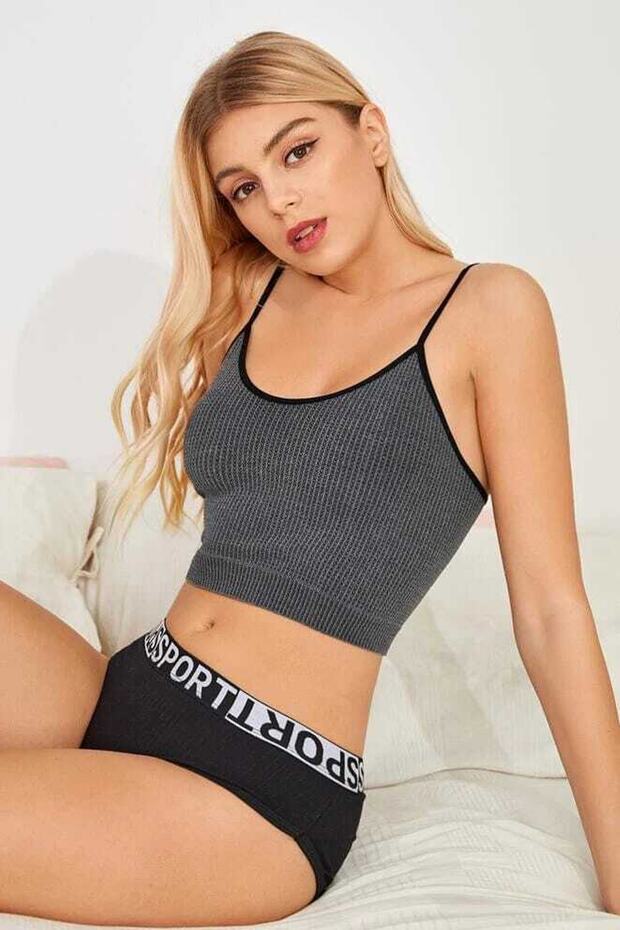 Kadın Anstrasit Gri İp Askılı Crop Top Büstiyer - 3