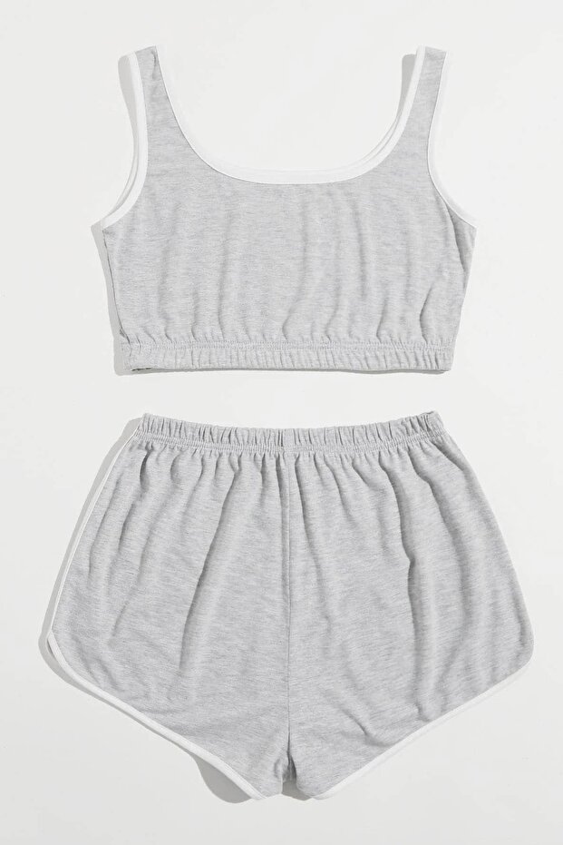 Kadın Gri Askılı Crop Top Ve Şortlu Gecelik Takım - 1