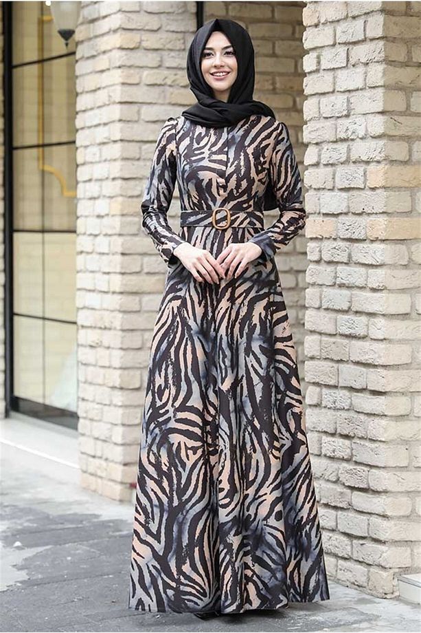 Tesettür Elbise / Kışlık Zebra Elbise Mavi - 3