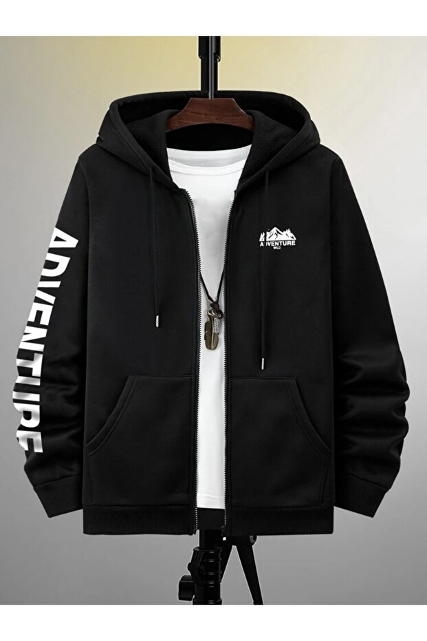Hooded Full Zipper Sweatshirt Oversize Advanture Printed 3 Thread Raised 100% Cotton