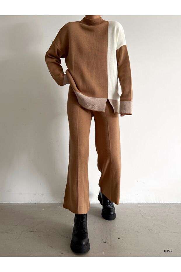 Women's Brown Slit Detail Blouse Wide Leg Pants Knitwear Bottom Top Set