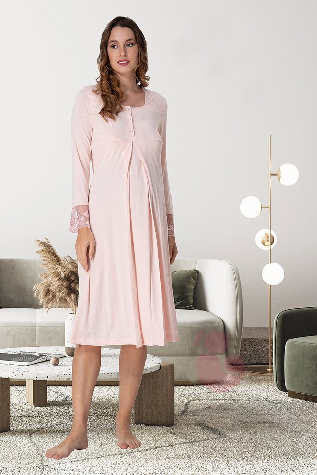 Effortt 9043 Salmon Lace Detailed Maternity Nightgown