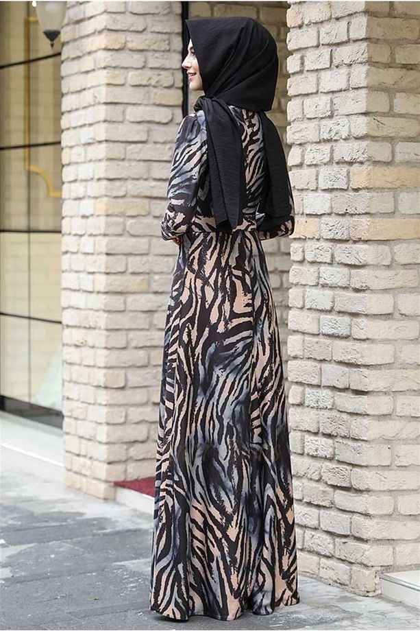 Tesettür Elbise / Kışlık Zebra Elbise Mavi - 4