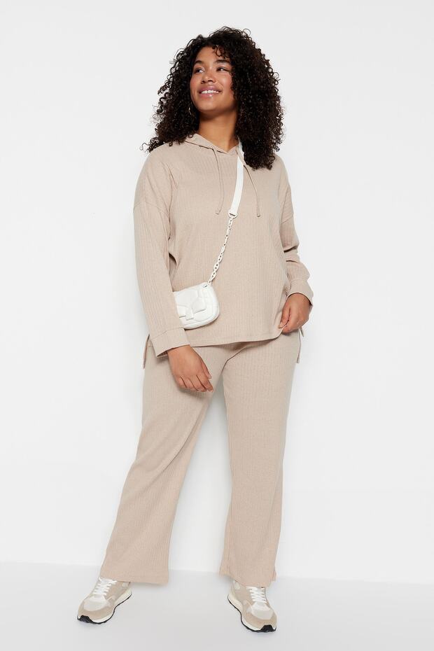 Light Beige Hooded Collar Relaxed Fit Knitted Camisole Plus Size Bottom-Top Set Tbbaw23Cp00016
