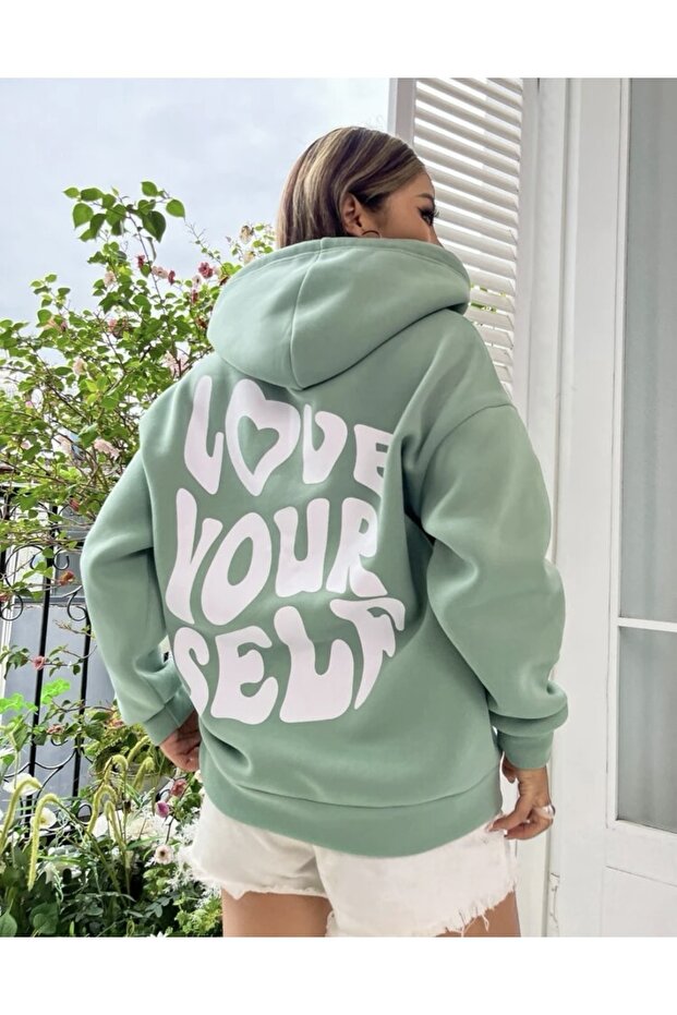 سويت شيرت بغطاء للرأس كبير الحجم مطبوع عليه Love Your Self مطبوع من 3 خيوط 100% قطن