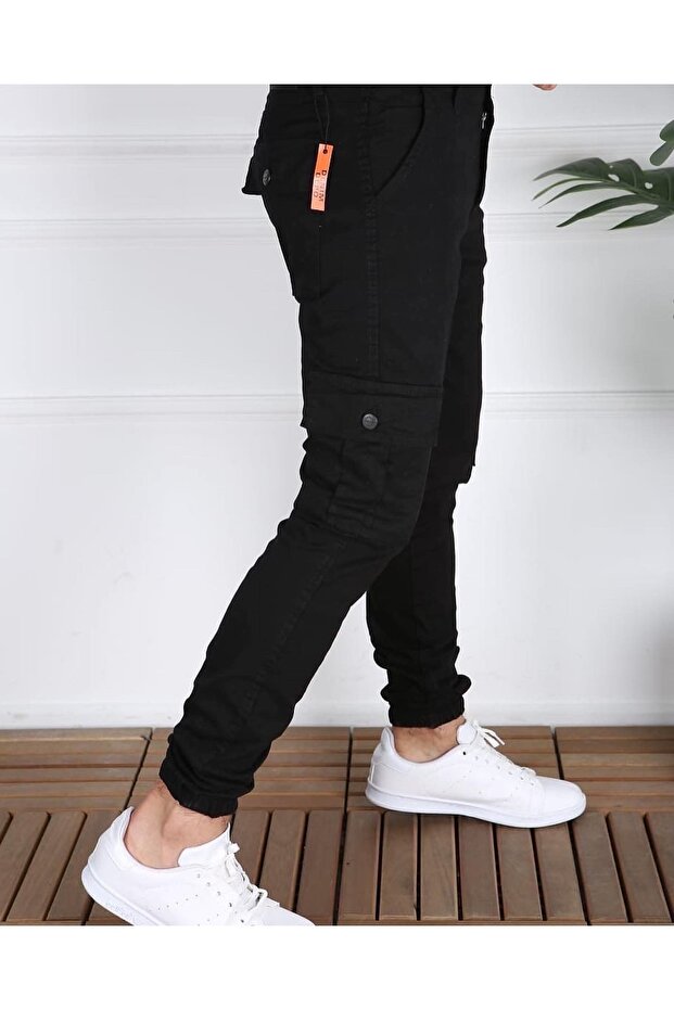 Linen Cargo Pocket Canvas Pants Black Color