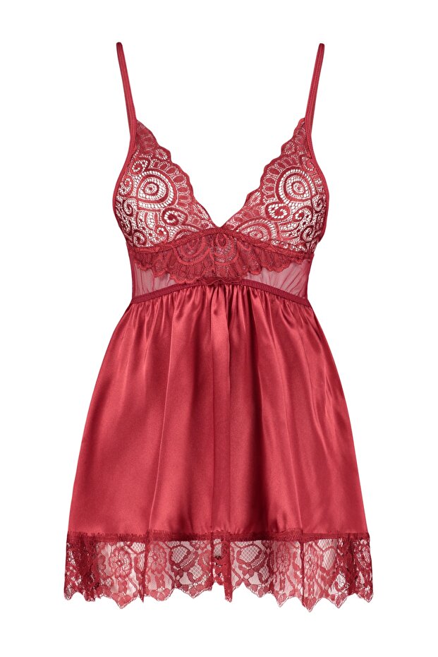Bordo Saten Dantelli İp Askılı Babydoll/Fantezi Gecelik THMSS22LL0001 - 7