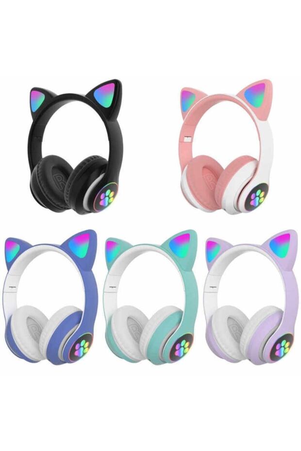 Kablosuz Bluetooth 5.0 Led Işıklı Kedili Tasarım Kulaklık Pembe Çocuk Kedi - 3