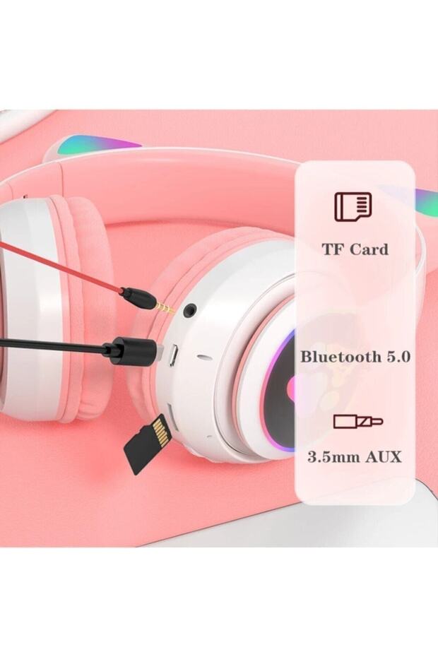 Kablosuz Bluetooth 5.0 Led Işıklı Kedili Tasarım Kulaklık Pembe Çocuk Kedi - 6